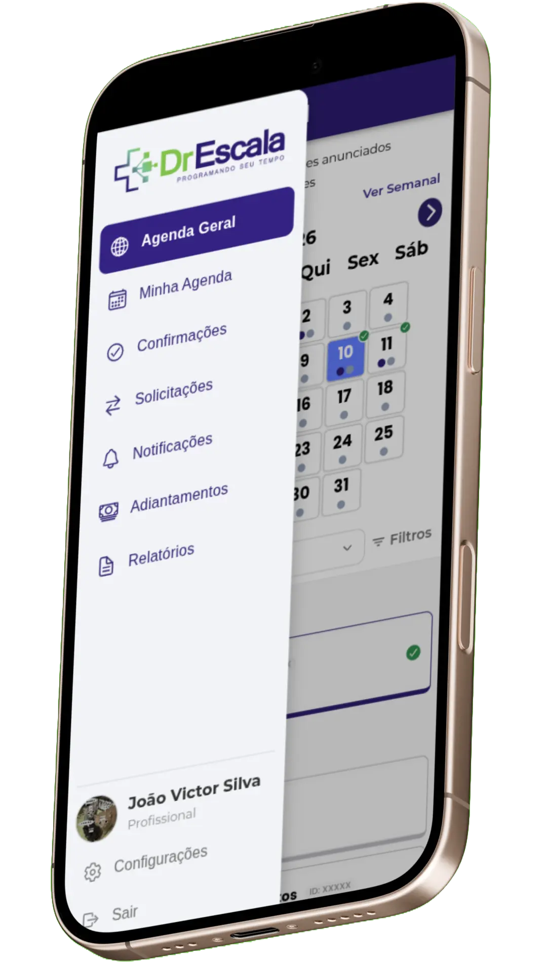 App Dr. Escala — menu do aplicativo